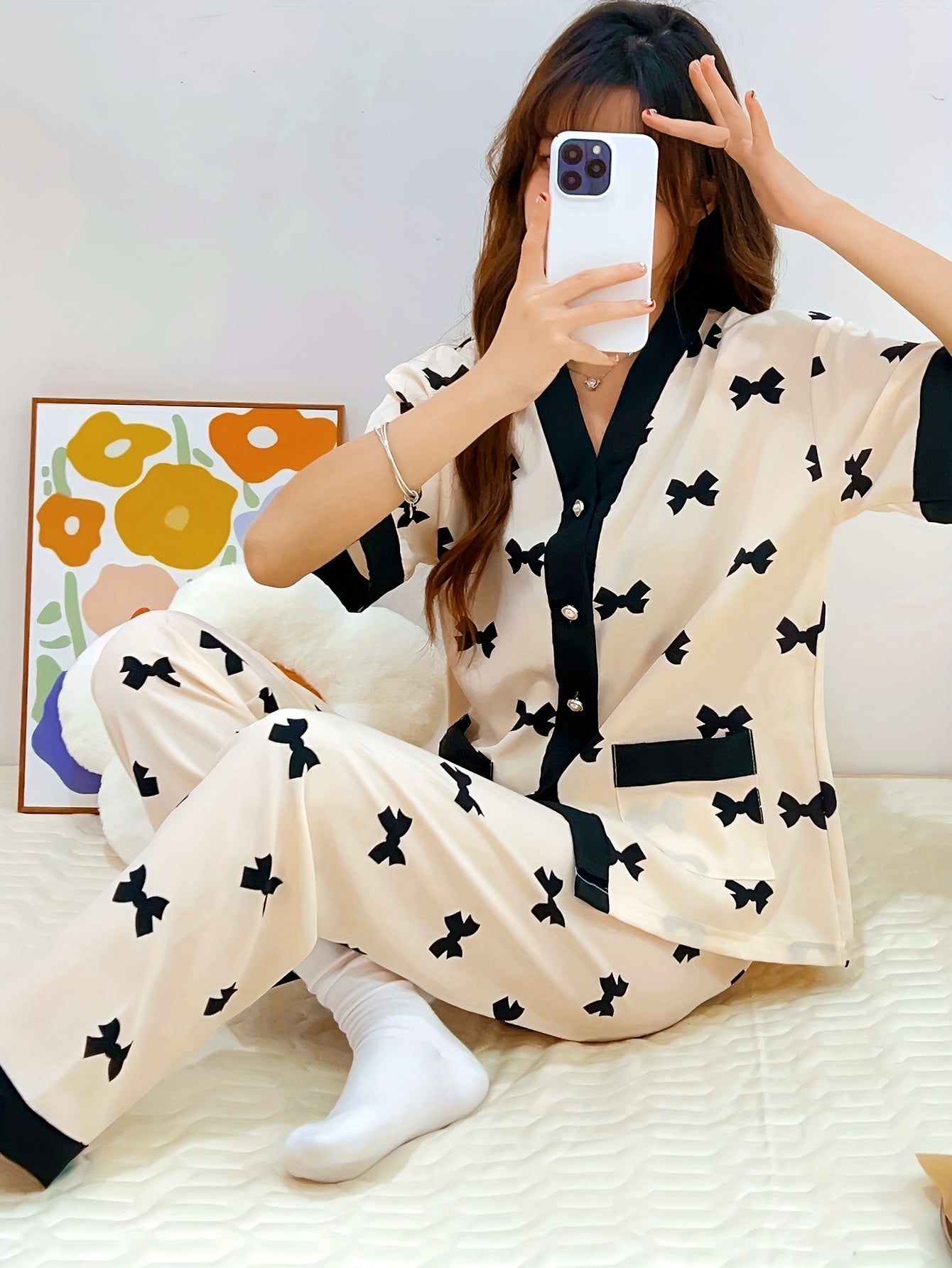 Women's Summer Pajama Set with Heart Pattern Short Sleeve V-Neck Cardigan and Long Pants