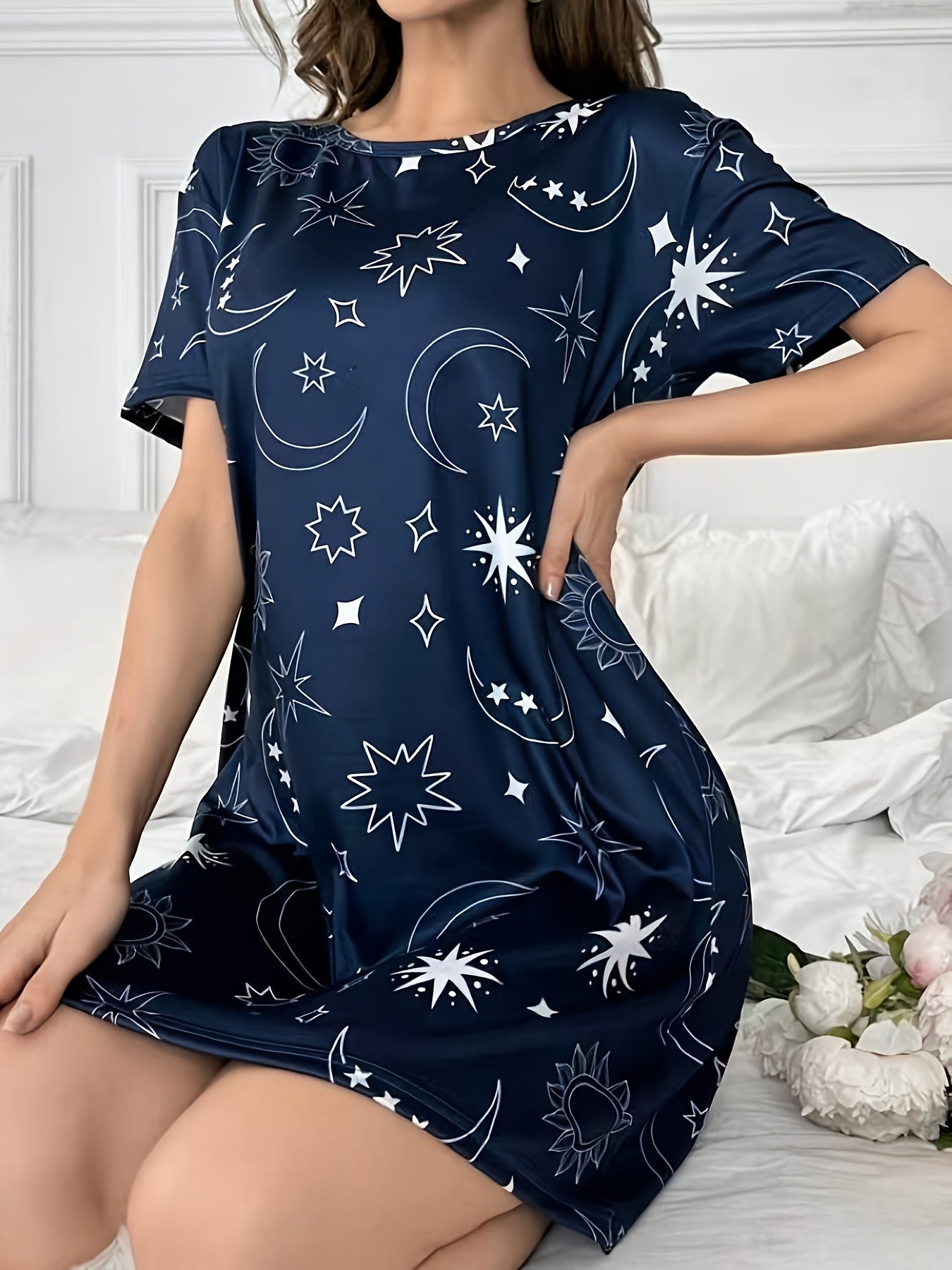 Women's Nightgown with Star and Moon Print Casual Sleepwear Summer Short Sleeve