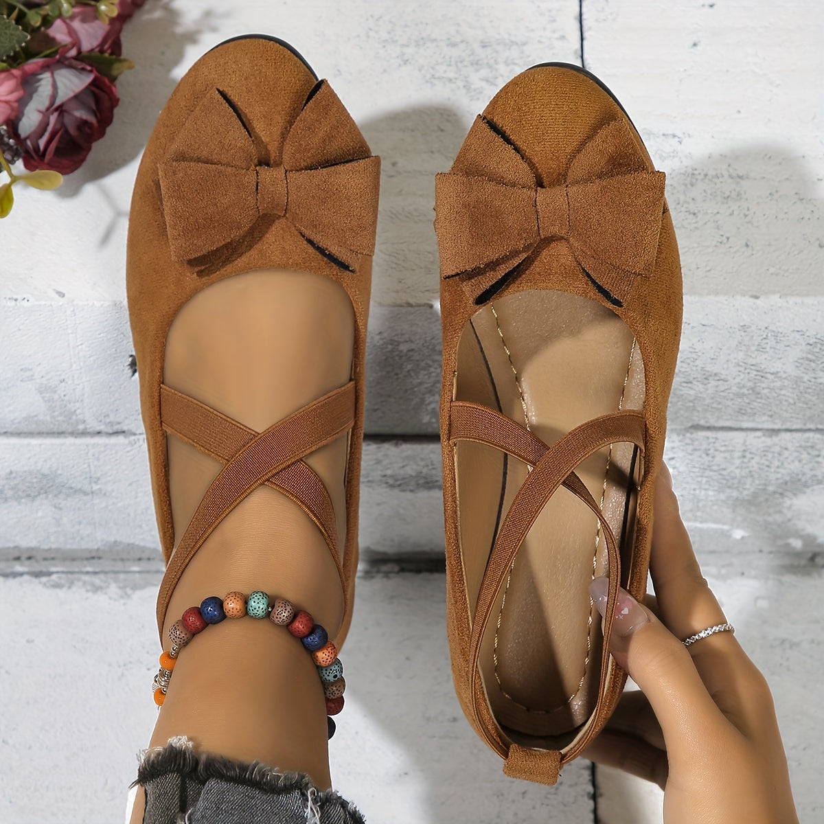 Zapatos planos de temporada para mujer, con lazo y correa cruzada, de color sólido, sin cordones, de franela