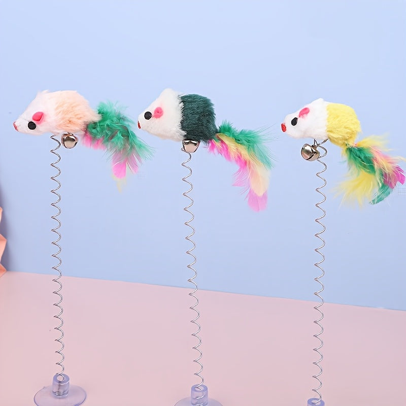 Cat Teaser Toy with Suction Cup Base Elastic Spring and Feathered Fish Attachment for Cats