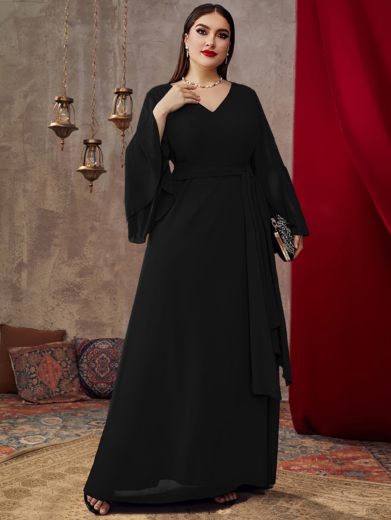 Women Chiffon V-Neck Dress with Belt for Formal Events Plus Size