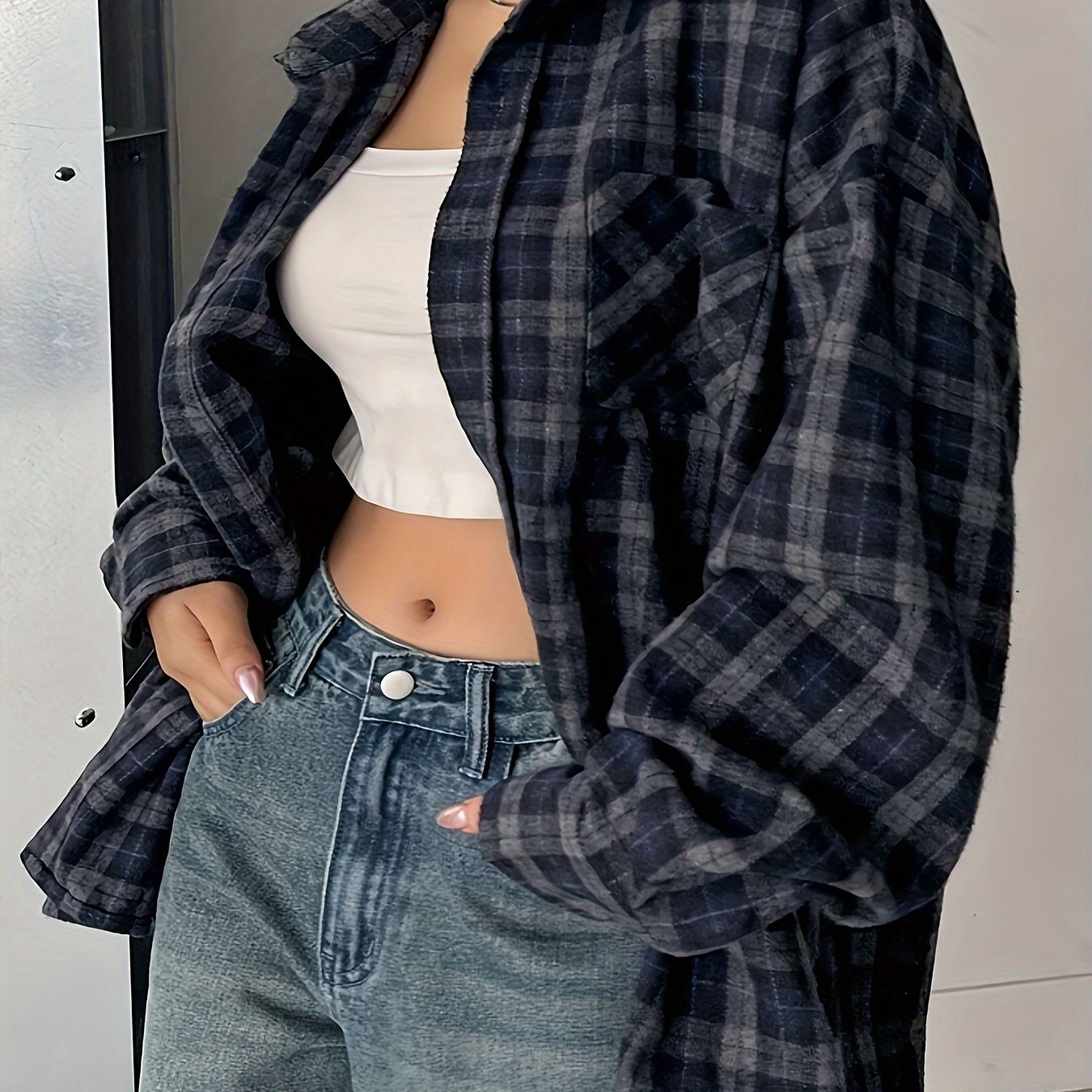 Women's Plus Size Plaid Long Sleeve Button Front Shirt