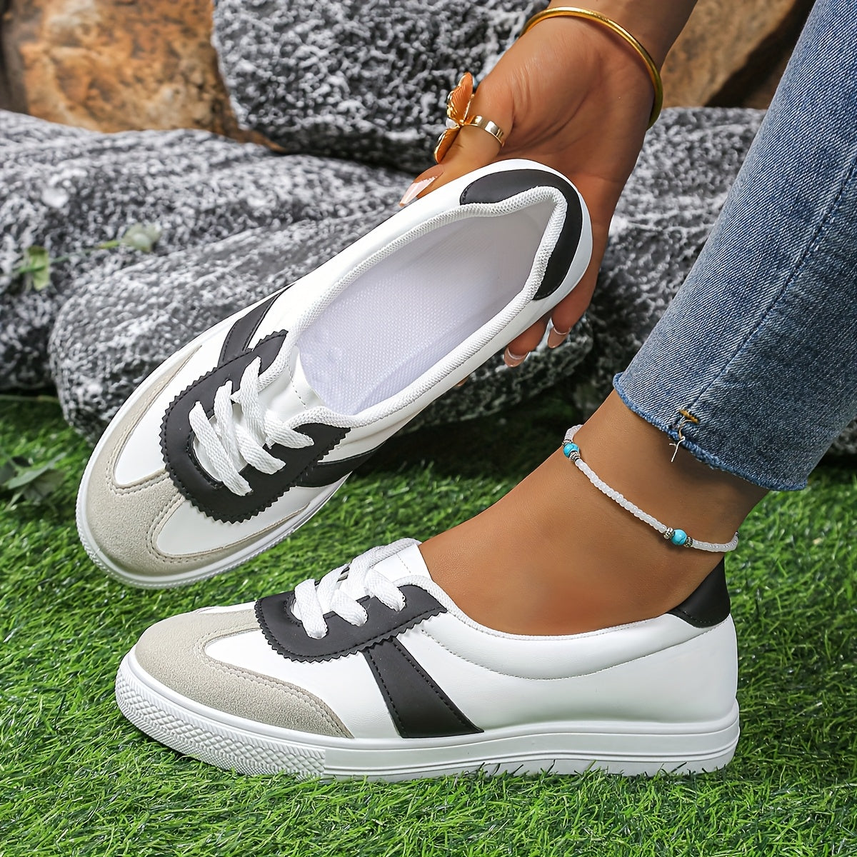 Women's Casual White Sneakers with Color Block Design and Lightweight Sole