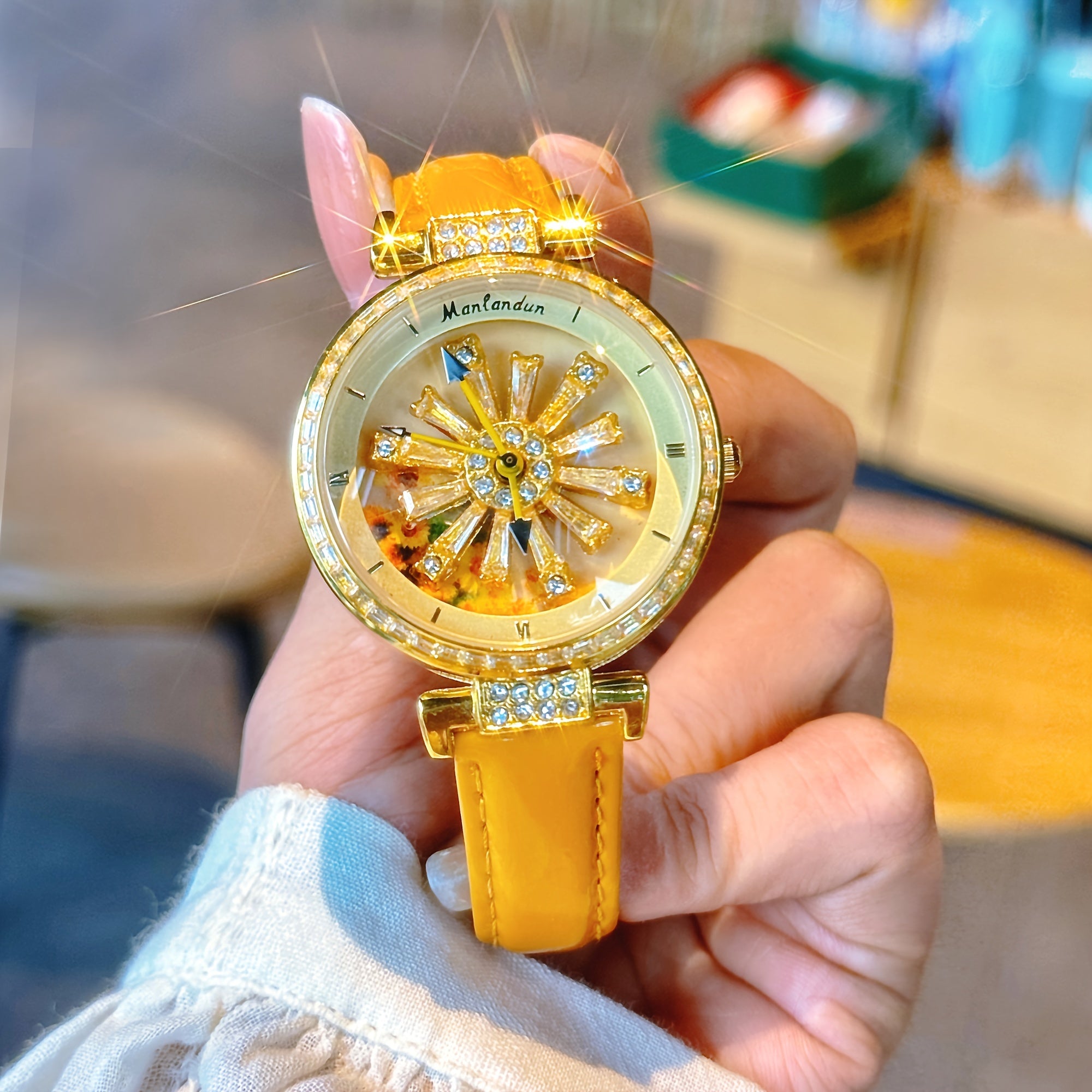 Women's Watch with Transparent Back, Galaxy Dial, Sunflower Design, Rhinestones, Stainless Steel Case, Orange Faux Leather Strap