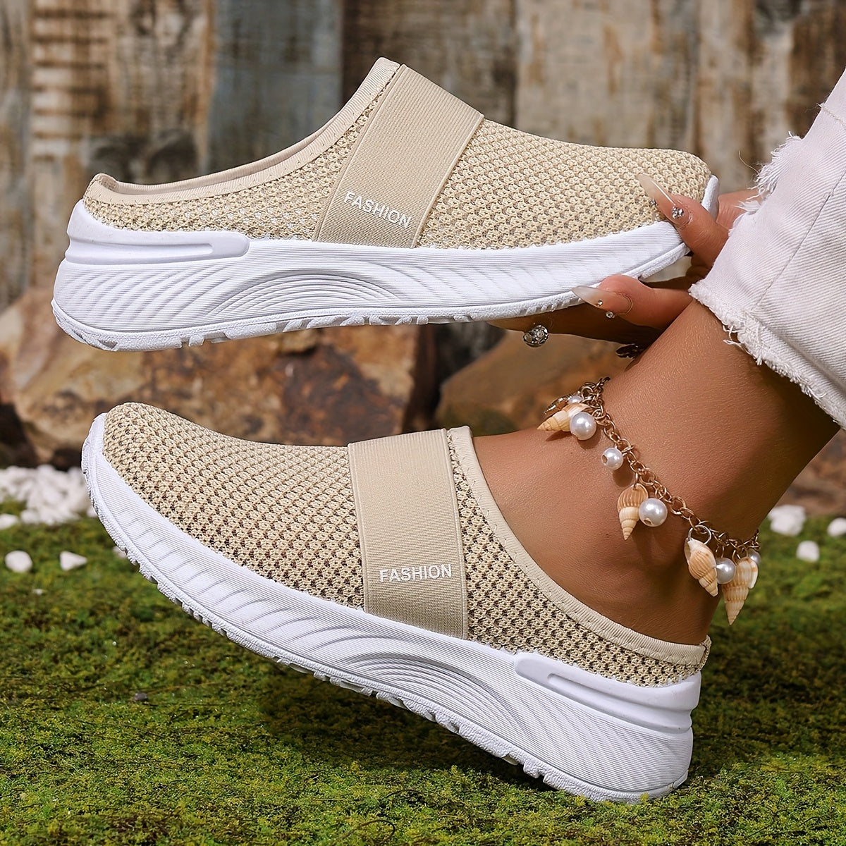 Women's White Large Mesh Slip-On Casual Sports Shoes for Summer and Beach