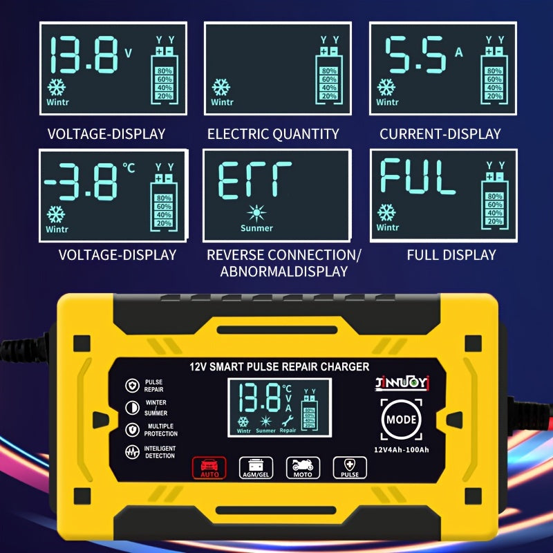 12V 24V 6A avtomatik batareya quvvatlantiruvchi, avtomobil, yuk mashinalari va mototsikl uchun harorat kompensatsiyasi bilan