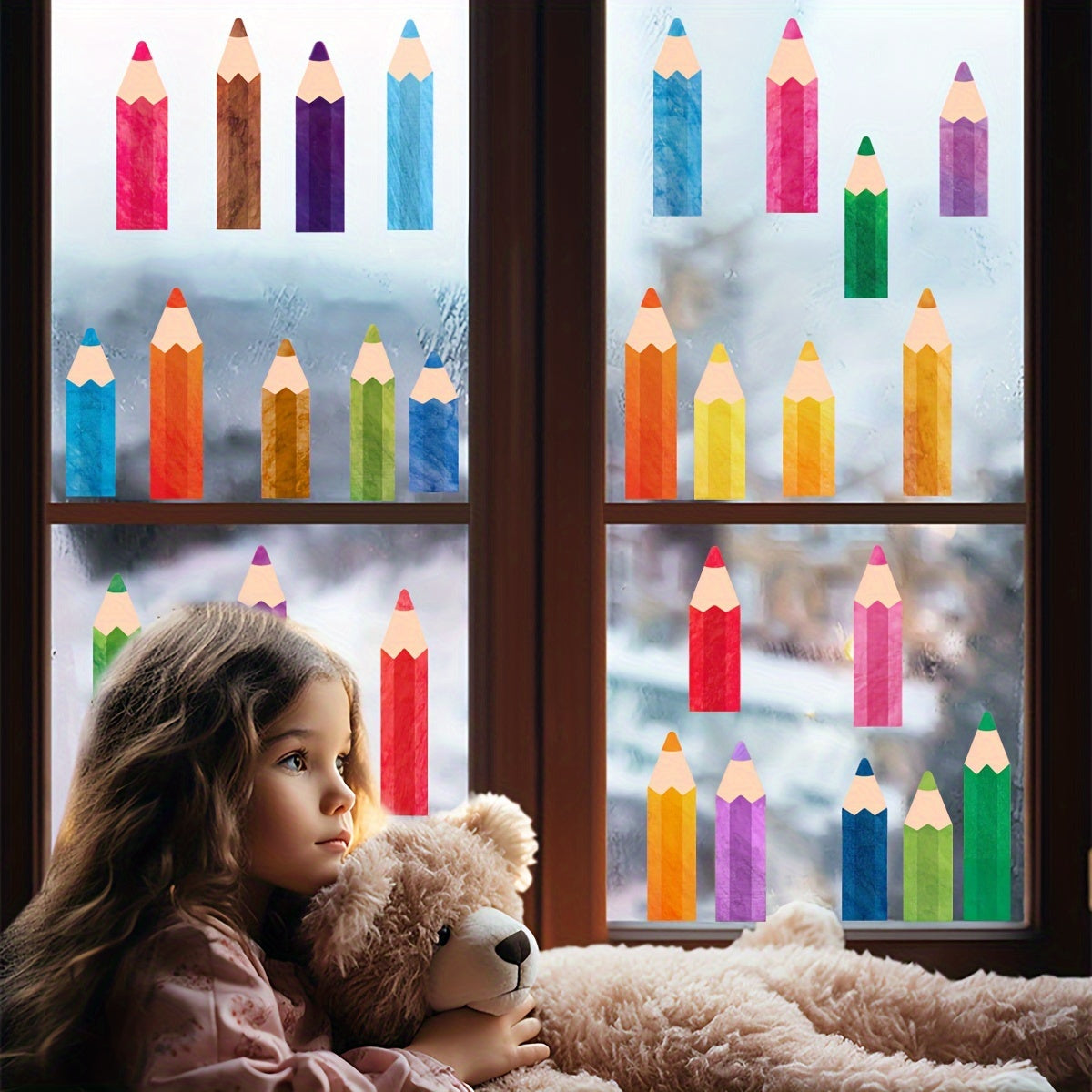 Pegatinas de lápices de acuarela para decoración de aulas, dormitorios, ventanas, reutilizables, vinilo, 27 piezas