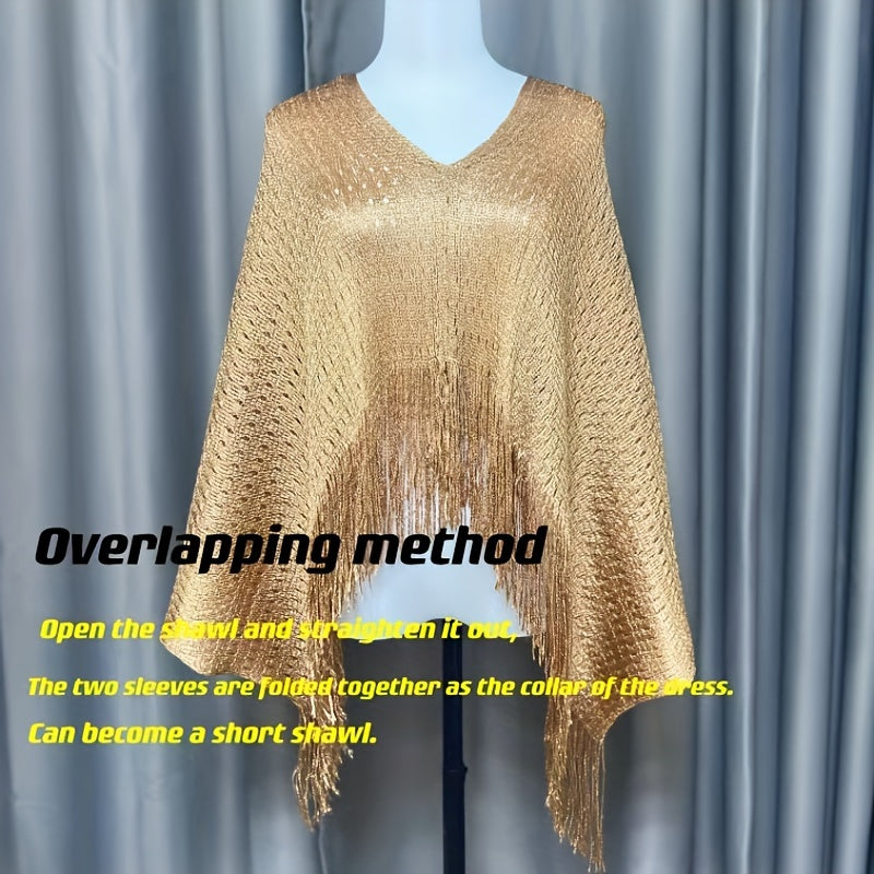 Gold Shawl with Webbed Fringe Versatile for Evening Events and Sun Protection