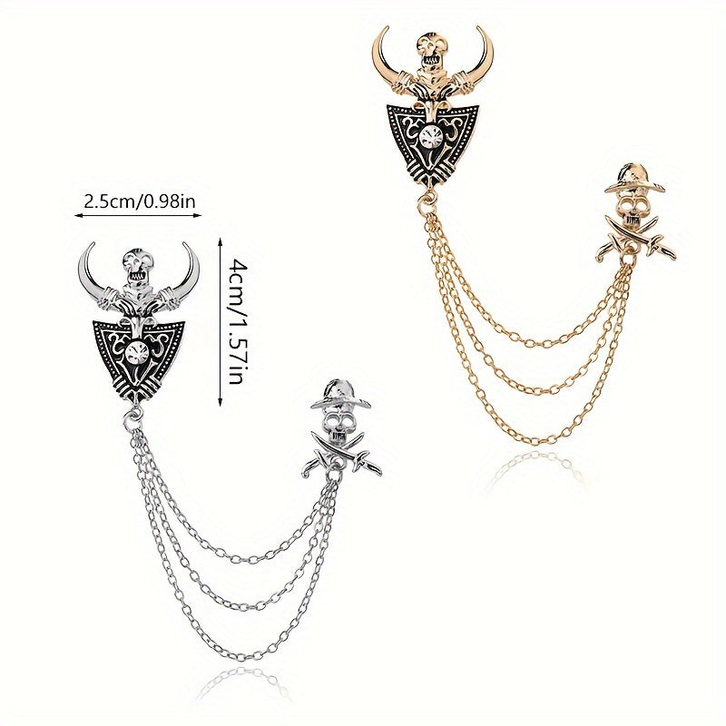 Set of 2 Gothic Skull Brooches with Vintage Bull and Pirate Designs in Gold and Silver Alloy
