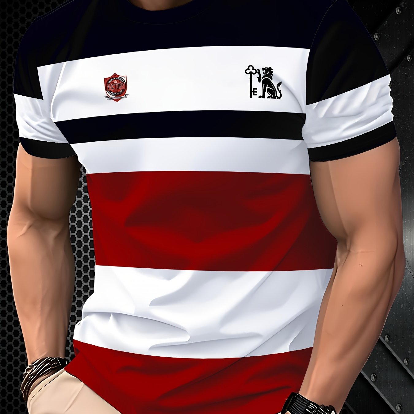 Camiseta de manga corta con impresión digital de león en pelota, poliéster, casual para hombres