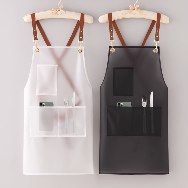 Waterproof Transparent TPU Apron with Brown Straps Stain-Resistant Adjustable Kitchen Tool Pockets