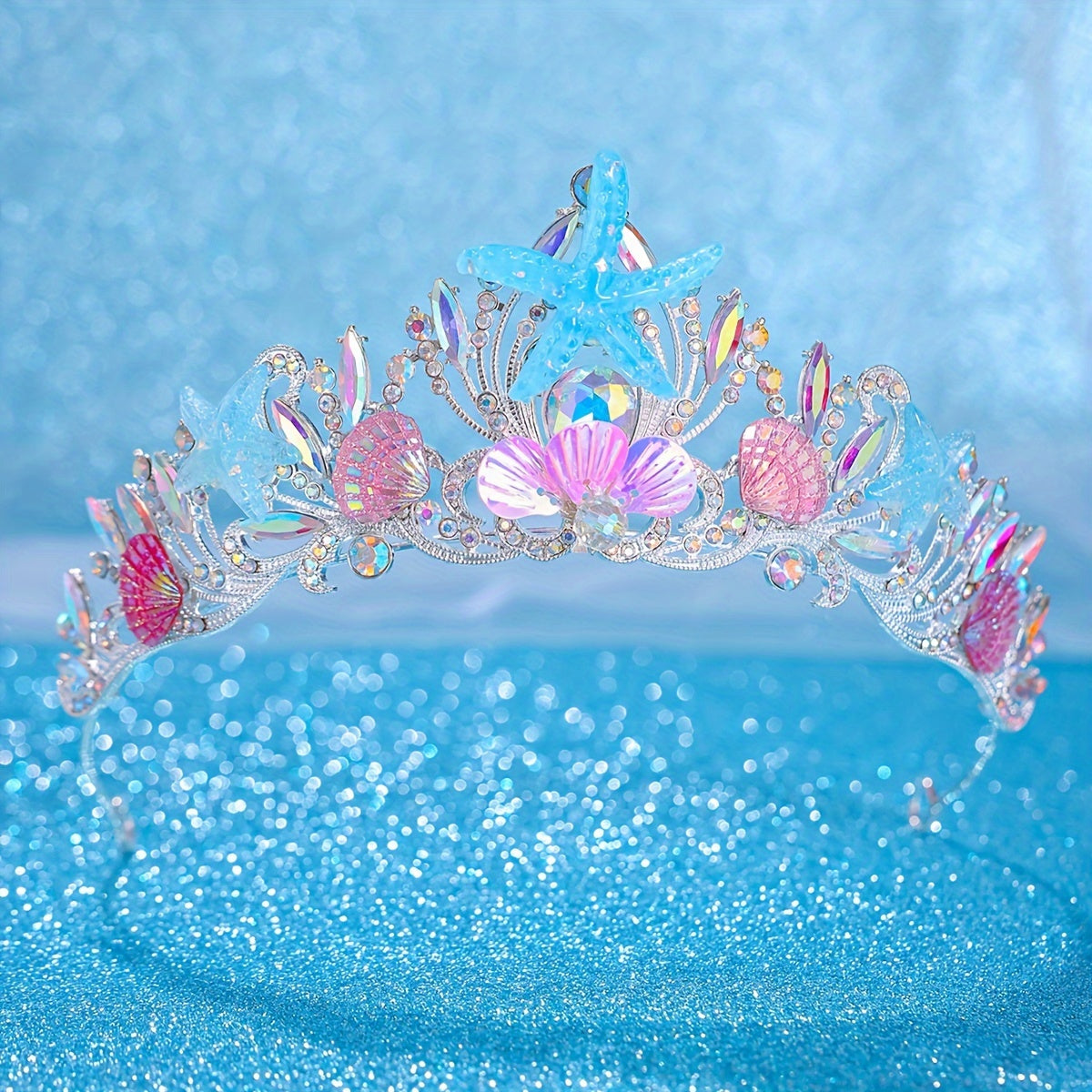 Rhinestone Ocean-Inspired Tiara Crown for Beach Weddings with Shells and Starfish