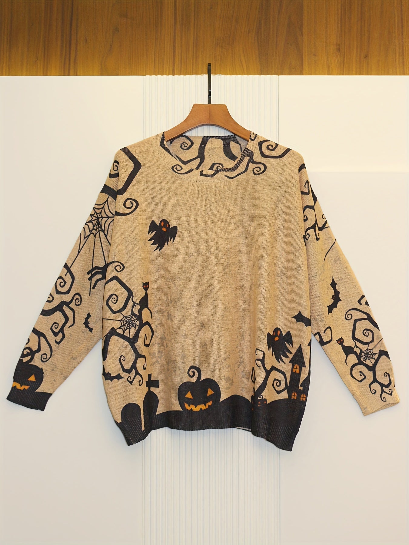 Plus Size Pumpkin Pattern Knitted Pullover Women’s Casual Crew Neck Sweater