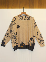 Plus Size Pumpkin Pattern Knitted Pullover Women’s Casual Crew Neck Sweater