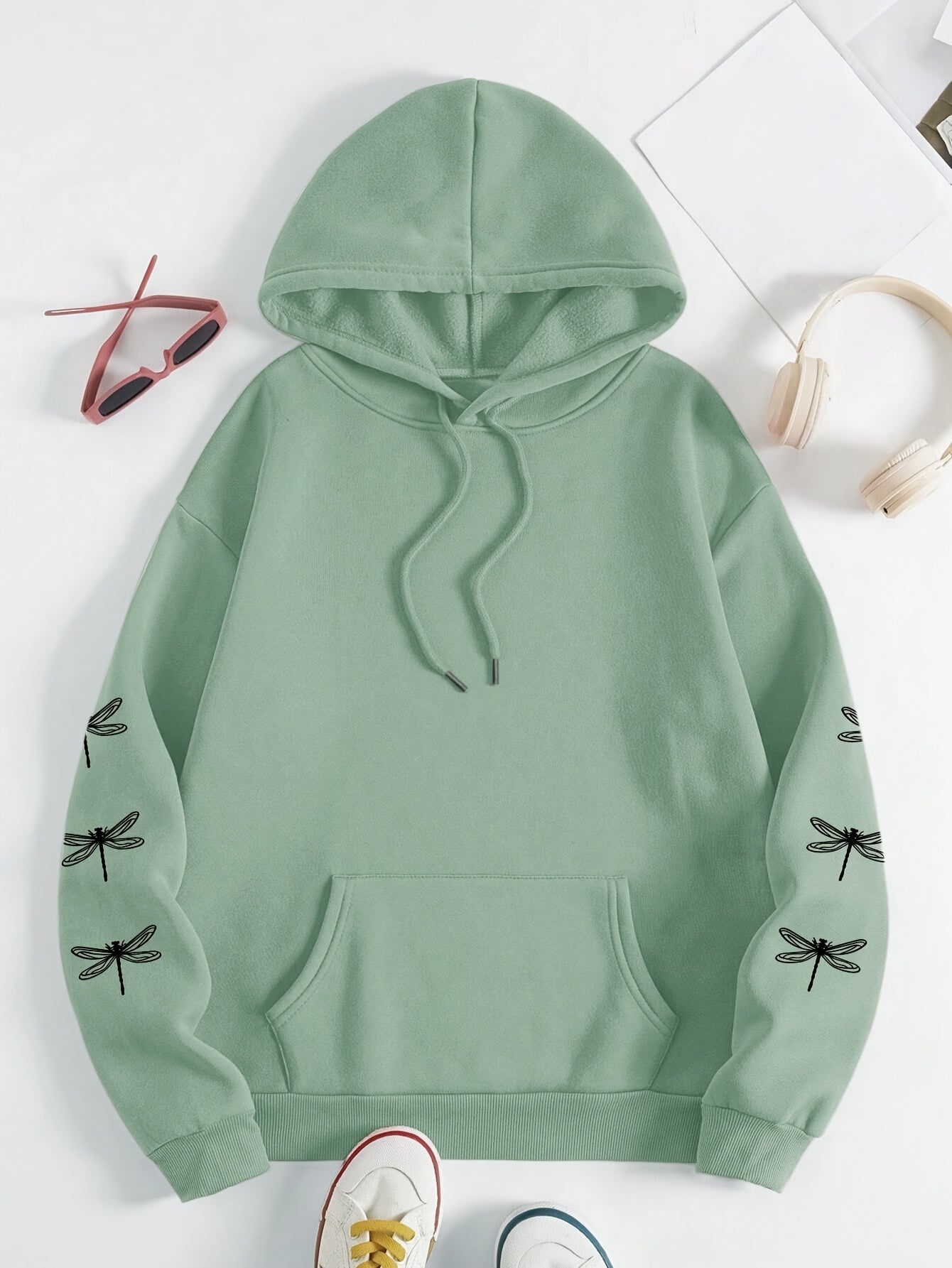 Plus Size Women's Hoodie With Dragonfly Print Green Long Sleeve Sweatshirt