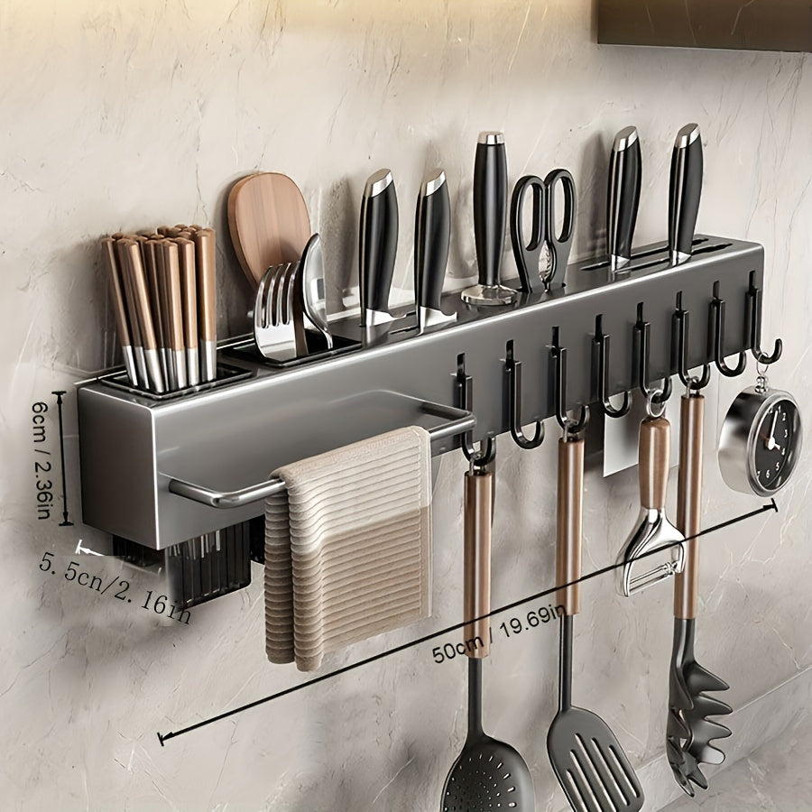 Stainless Steel Wall-Mounted Kitchen Organizer with Towel Bar Hooks and Cutlery Holder