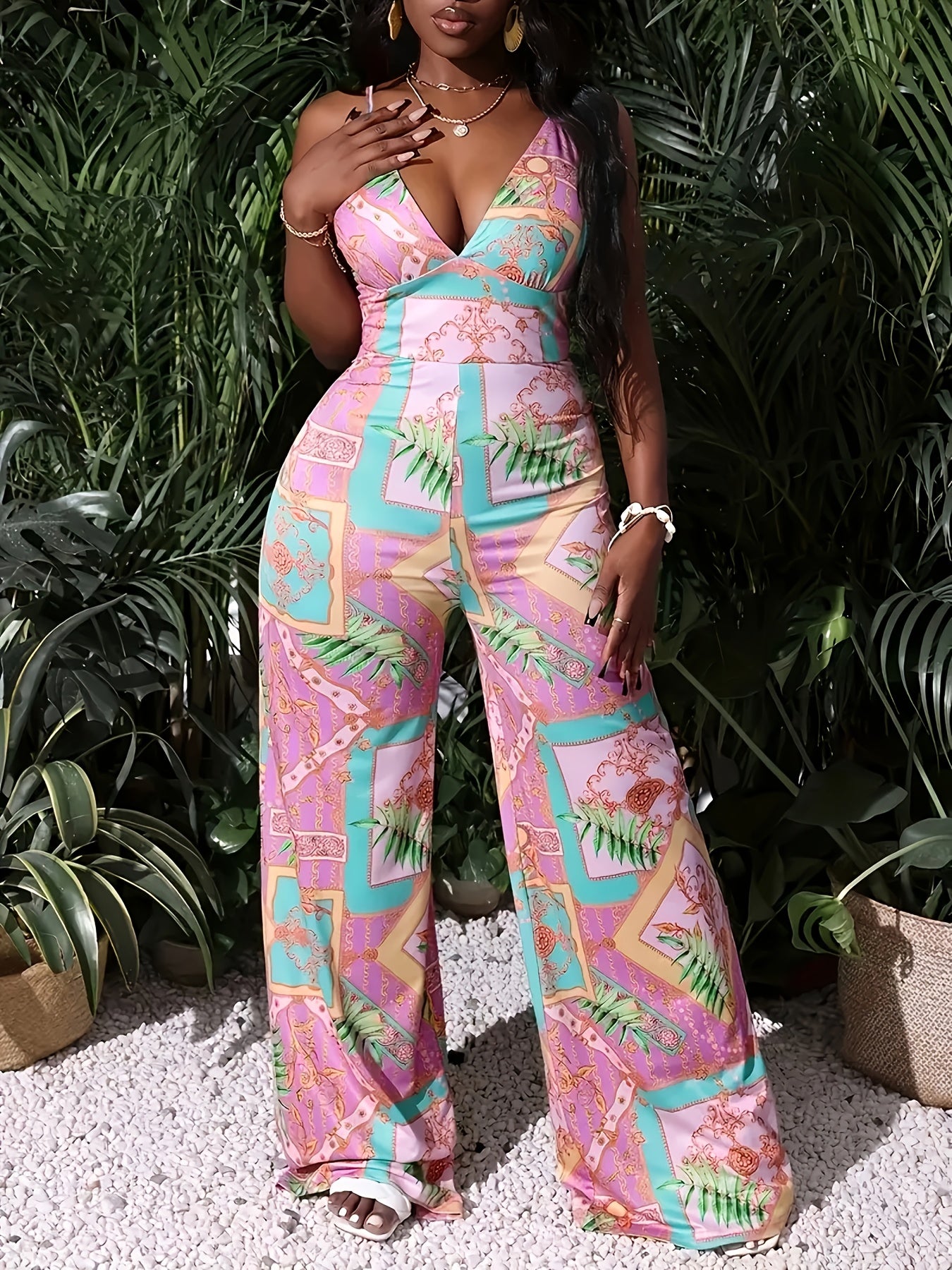 Mono de verano con estampado tropical para mujer, sin mangas, escote en V, talla grande