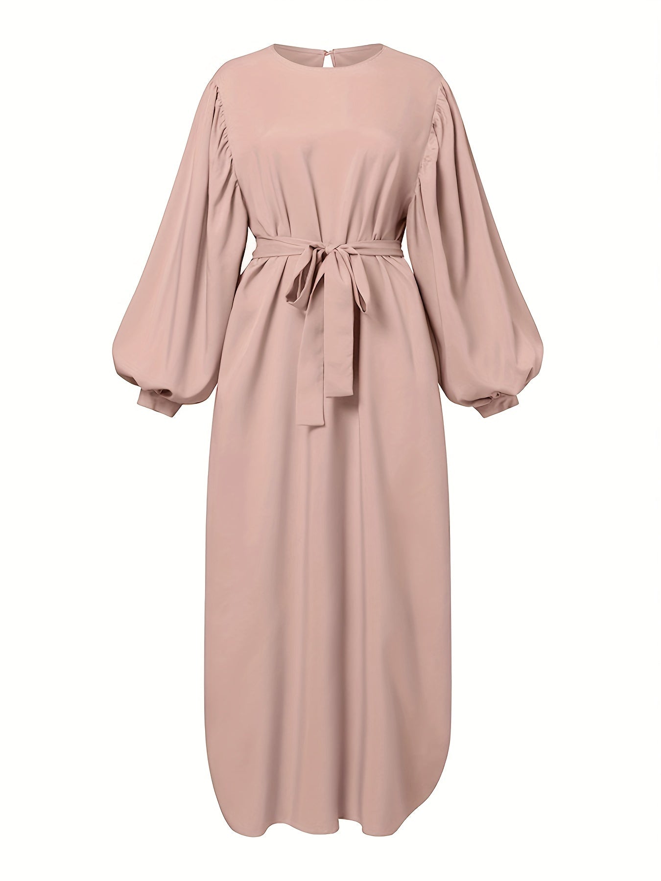 Maxi Abaya Dress with Solid Color Tie Waist Lantern Sleeves for Women