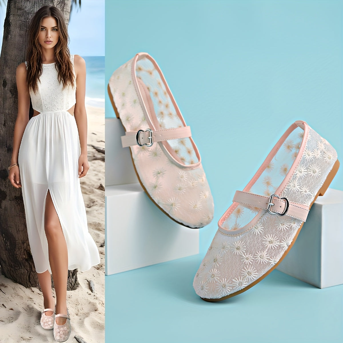 Women's Breathable Mesh Slip-On Ballet Flats with Adjustable Strap  
Lightweight Casual Shoes for All Seasons, White and Pink Embroidery