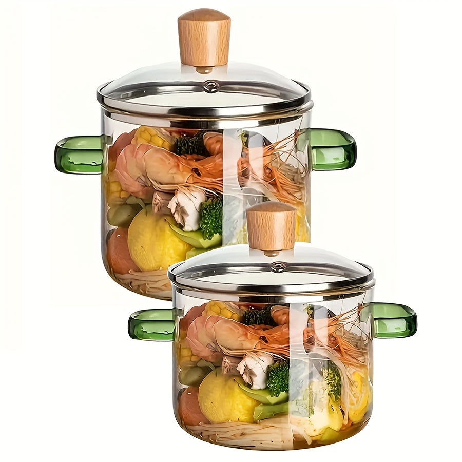Glass Cookware Set with 2 Pots Lids and Easy Grip Handles for Stew and Soup