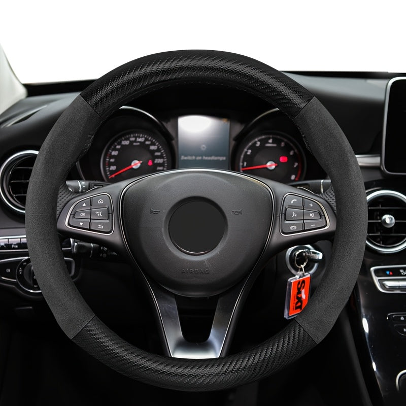 Velvet Carbon Fiber Texture Steering Wheel Cover 15-Inch Non-Slip Sport