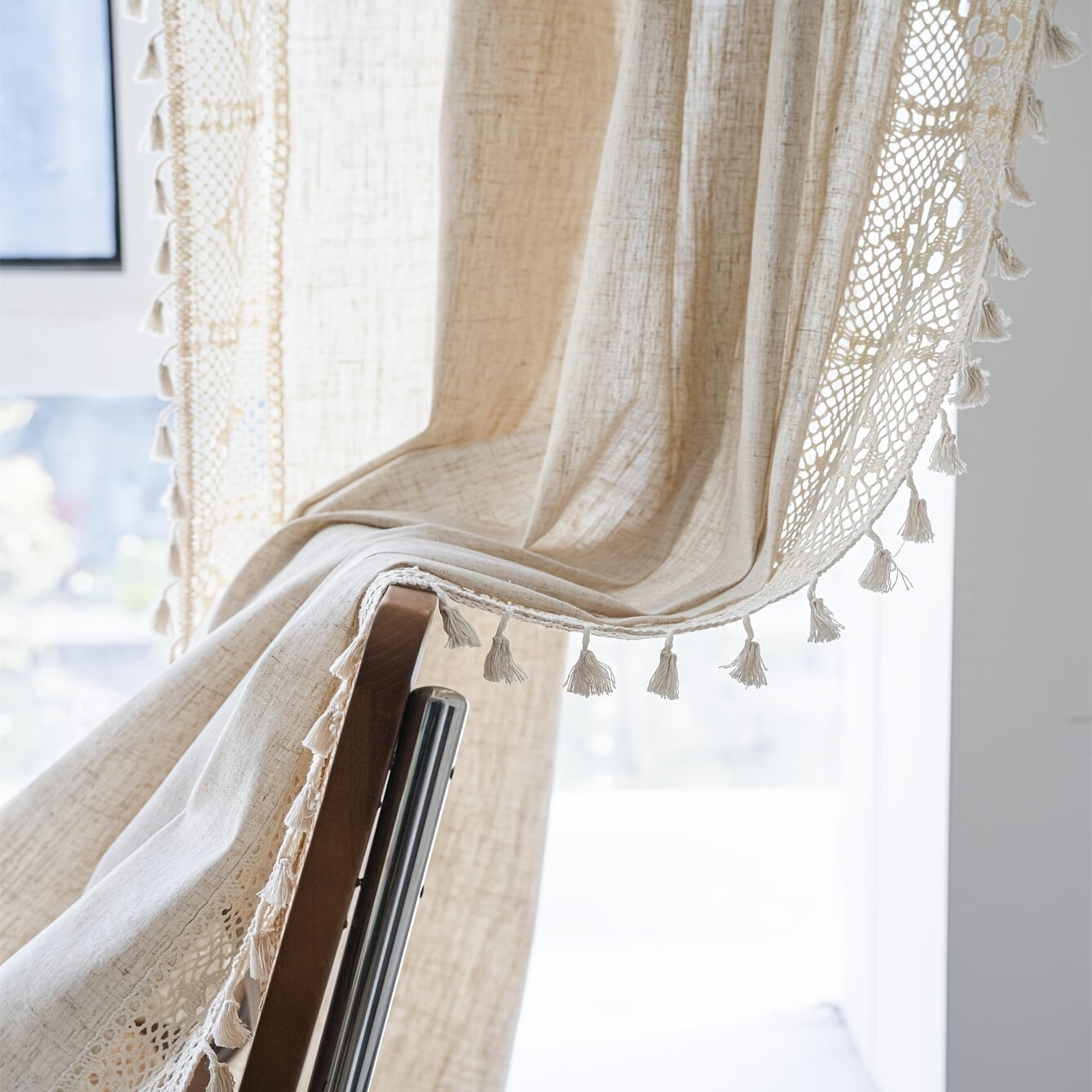 Linen Crochet Curtain with Tassels Semi-Sheer Rod Pocket Farmhouse Style for Living Room Bedroom Kitchen