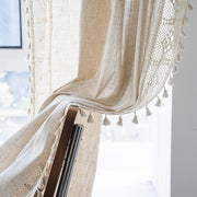 Linen Crochet Curtain with Tassels Semi-Sheer Rod Pocket Farmhouse Style for Living Room Bedroom Kitchen