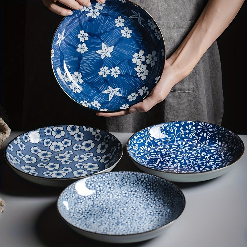Keramika kechki taomlar uchun to'plam, ko'k va oq gul naqshli, 20.32 sm, salat, makaron va apetit uchun