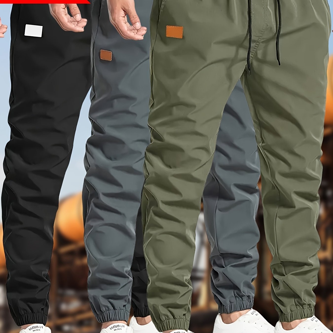 Men's Polyester Drawstring Joggers Casual Cargo Pants in Black Dark Gray Olive Green