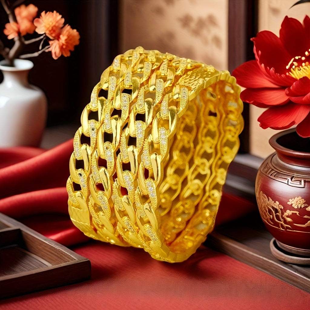 Set of 4 Bohemian Style Gold Plated Copper Bangles with Synthetic Zirconia for Weddings and Parties