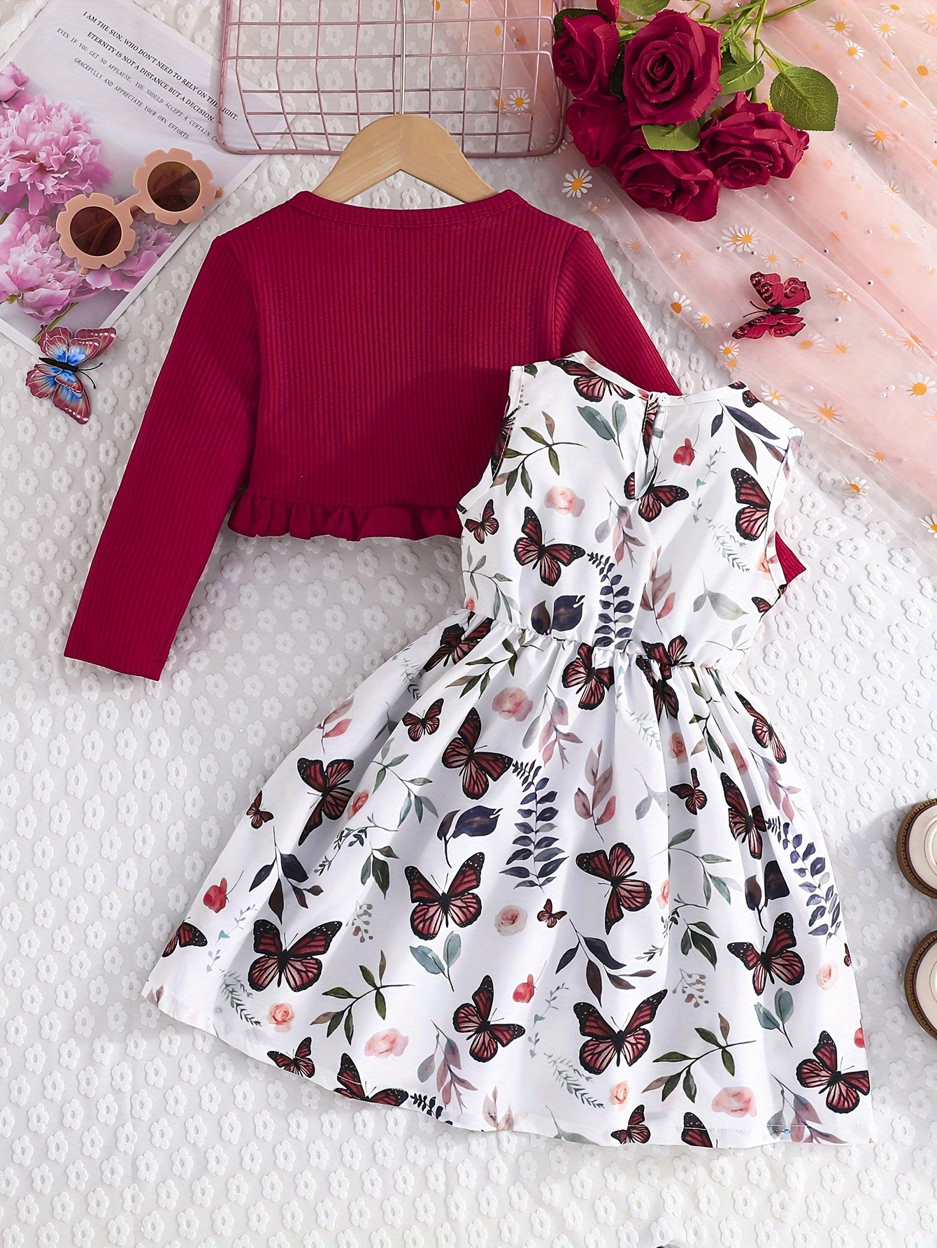 Girls Butterfly Print Casual Dress with Long-Sleeved Jacket for Spring Fall