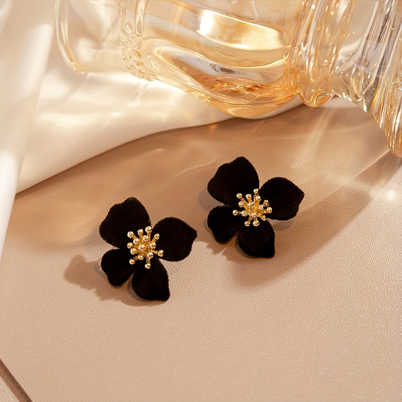 Women's Vintage Black Flower Stud Earrings Zinc Alloy Stainless Steel Post