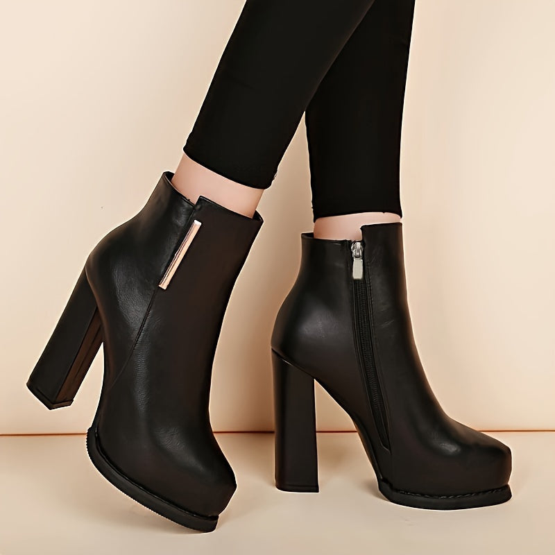 Women's Solid Color Minimalist Boots Side Zipper Platform Chunky Heel