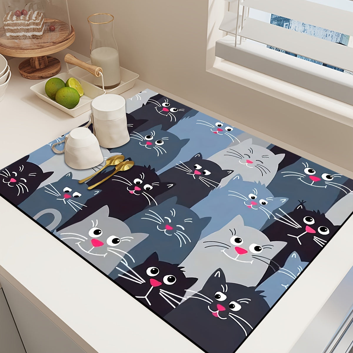 Cat Design Waterproof Dish Drying Mat, Ultra Absorbent, Non-Slip Kitchen Accessory