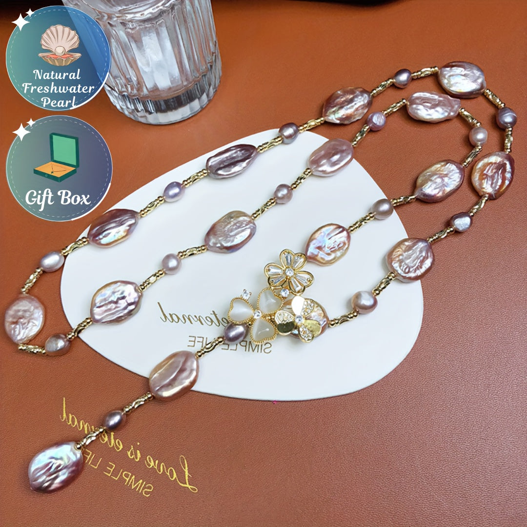 Butterfly Clasp Necklace with Freshwater Pearls and Sweater Chain Vintage Style for Women