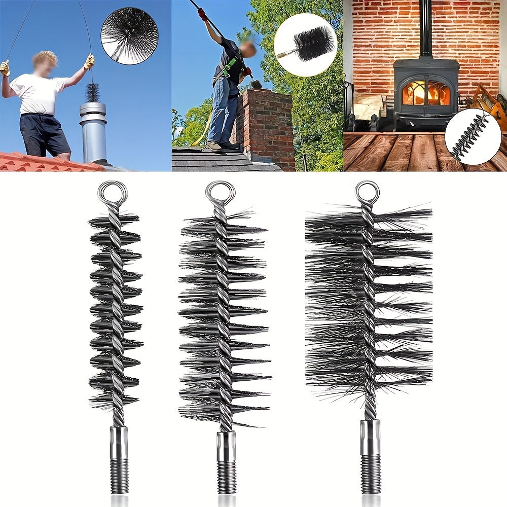 Set of 3 Stainless Steel Chimney Cleaning Brushes for Fireplace and Vent Ducts