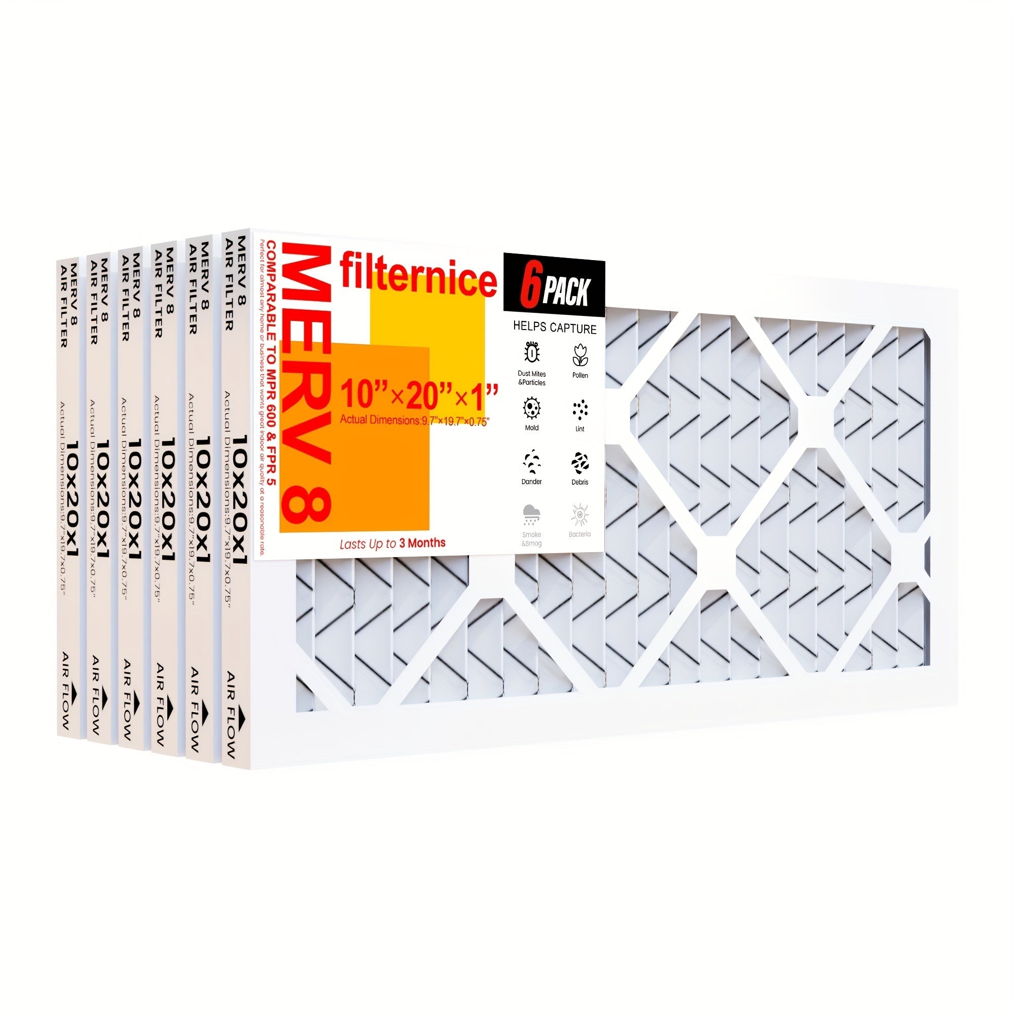 6-Pack Electrostatic Pleated Air Filters 25.4x50.8x2.54 cm MERV8/11/13 HVAC AC