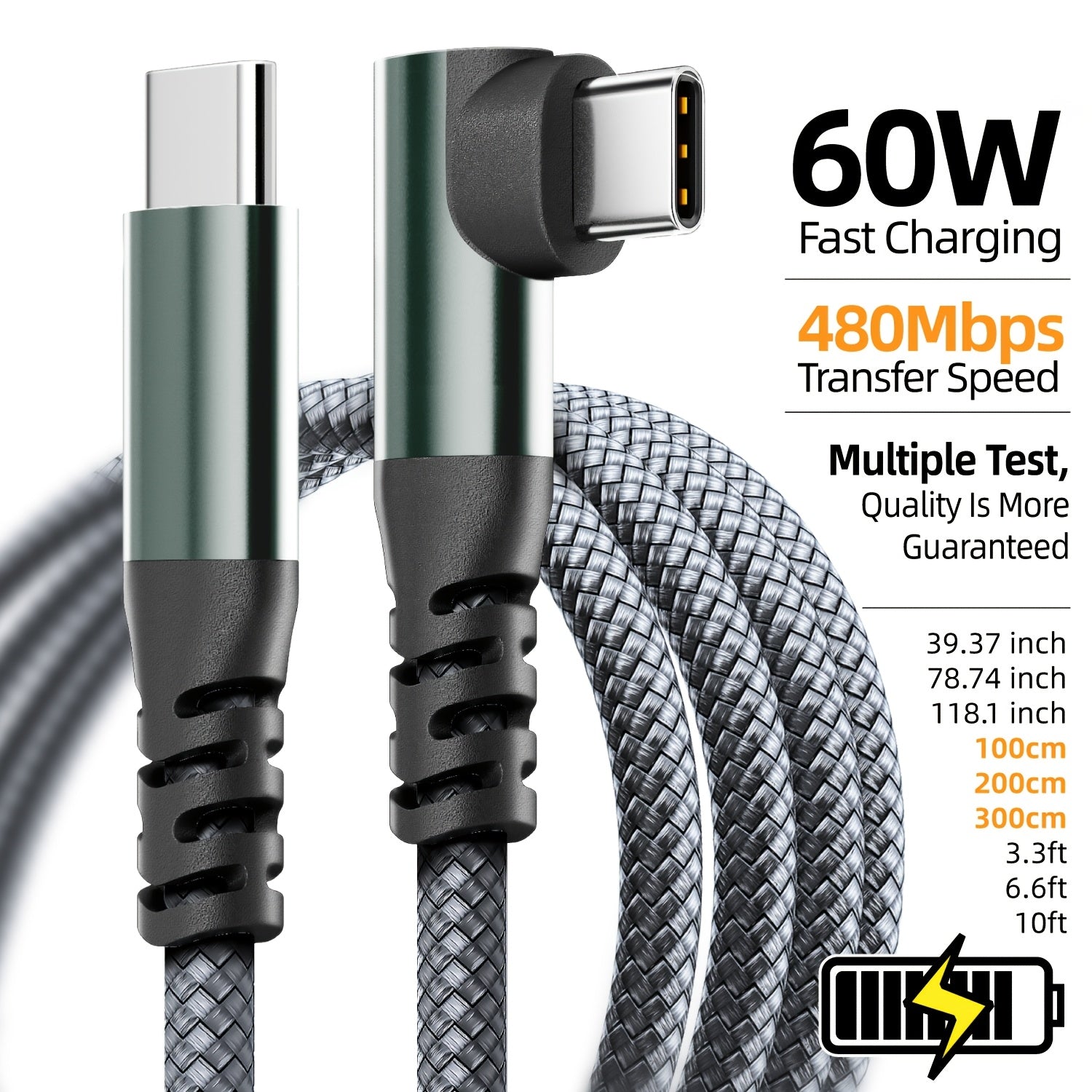 60W USB-C to USB-C Fast Charging Cable 90-Degree Elbow Flat Design for iPhone, iPad, MacBook, Samsung, Xiaomi, OnePlus, Vivo, OPPO 3.05m