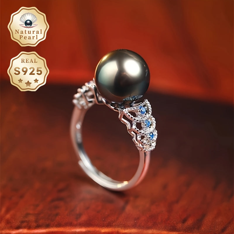 Vintage Sterling Silver Cuff Ring with Tahitian Black Saltwater Pearl and Zirconia