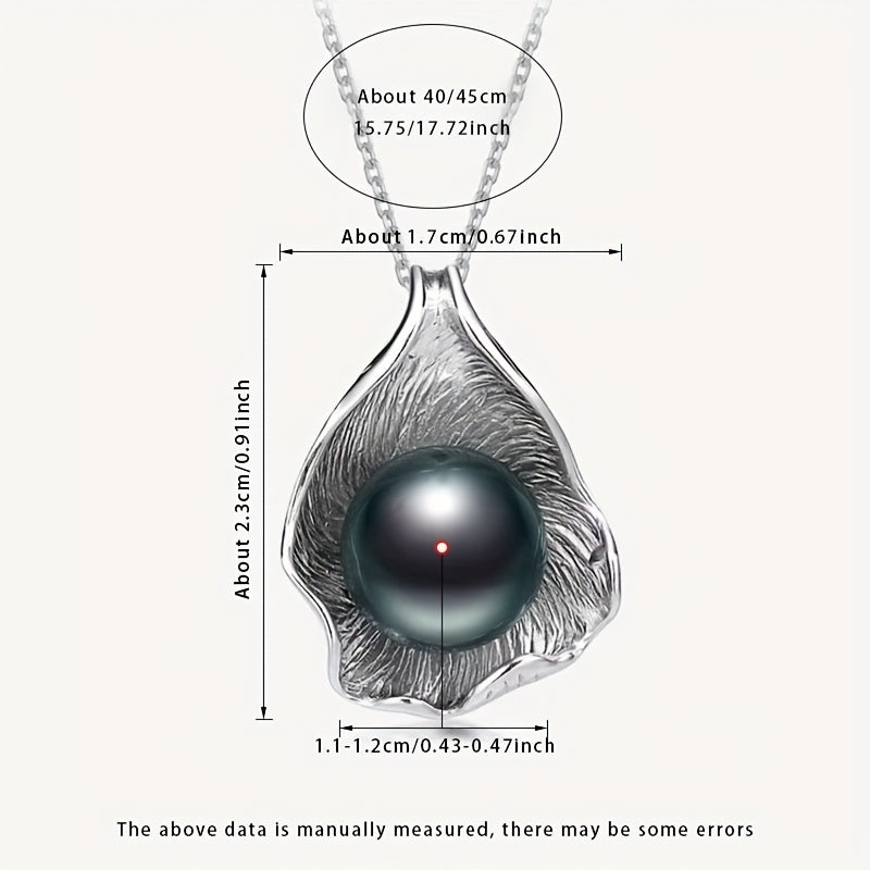 Vintage Tahitian Black Pearl Pendant Necklace Sterling Silver Leaf Design for June Birthdays