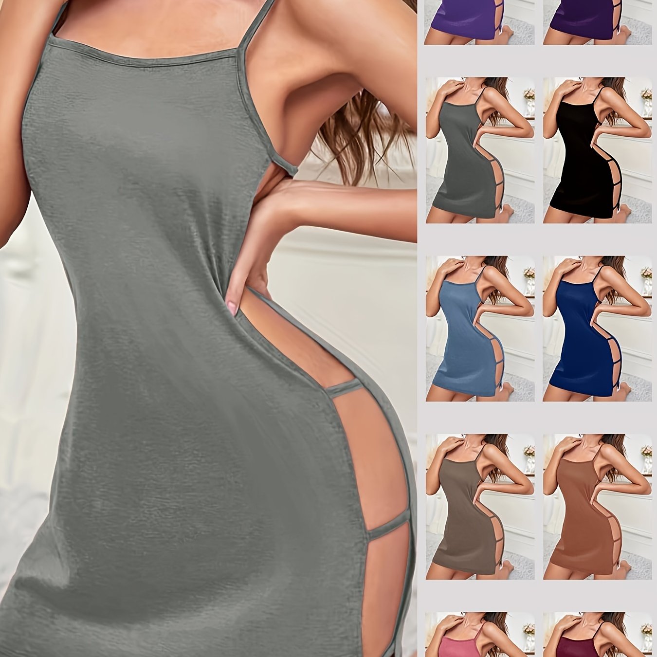 Women's Nightgown with Backless Round Neck Side Cutouts Satin Sleepwear Sexy Slip All-Season