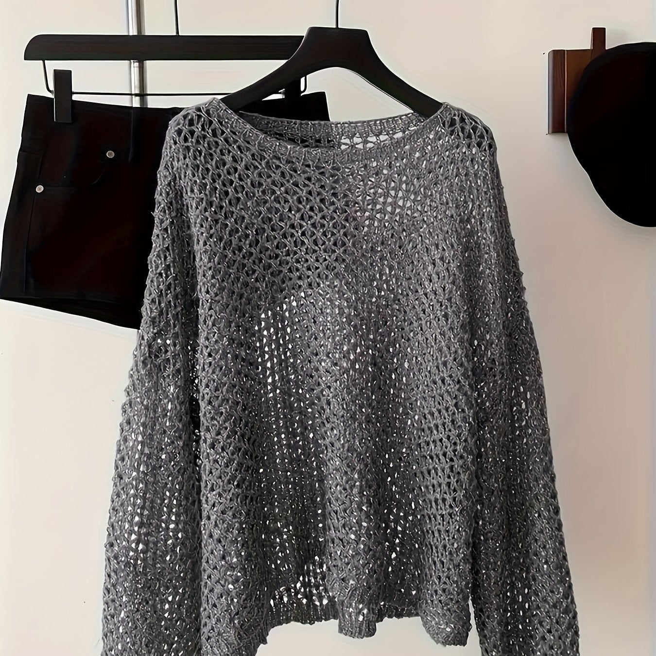 Women Plus Size Light Gray Crochet Sweater Long Sleeve Round Neck Pullover