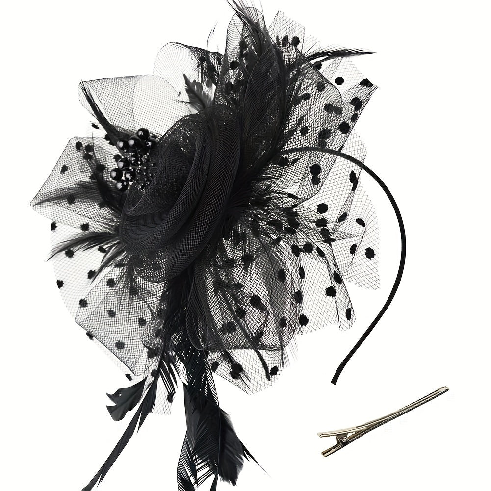 Black Yarn Pillbox Fascinator Hat with Mesh Veil and Fiber Feather for Women