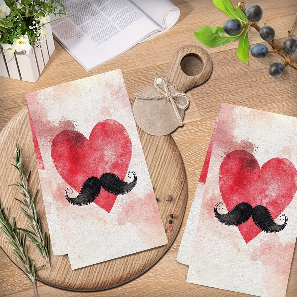 Set of 2 Soft Kitchen Towels with Heart and Mustache Design, 40x60 cm