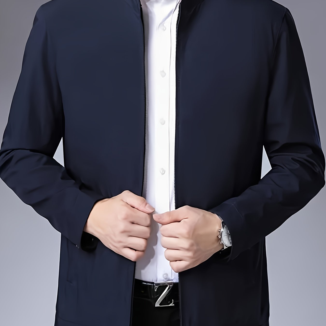 Men's Lightweight Business Casual Jacket Polyester Stand Collar Zip Up Pockets Spring Fall