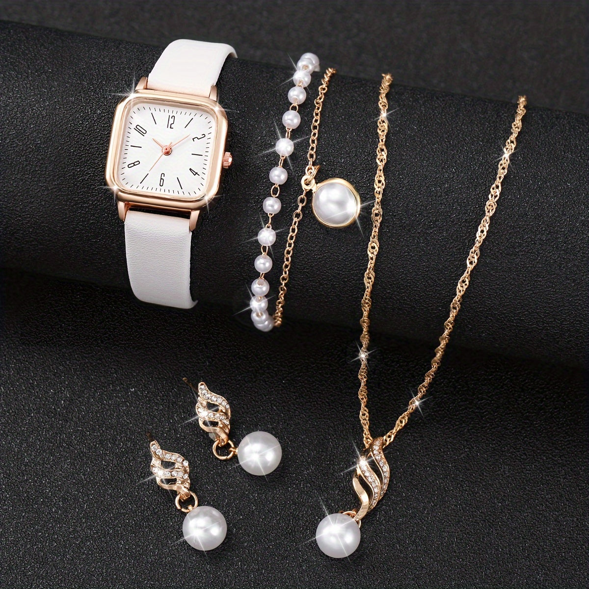 Women's Luxury Quartz Watch and Jewelry Set 5 Pieces Square Dial Pearl Accents Gift