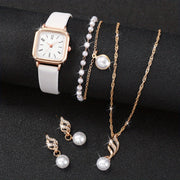 Women's Luxury Quartz Watch and Jewelry Set 5 Pieces Square Dial Pearl Accents Gift