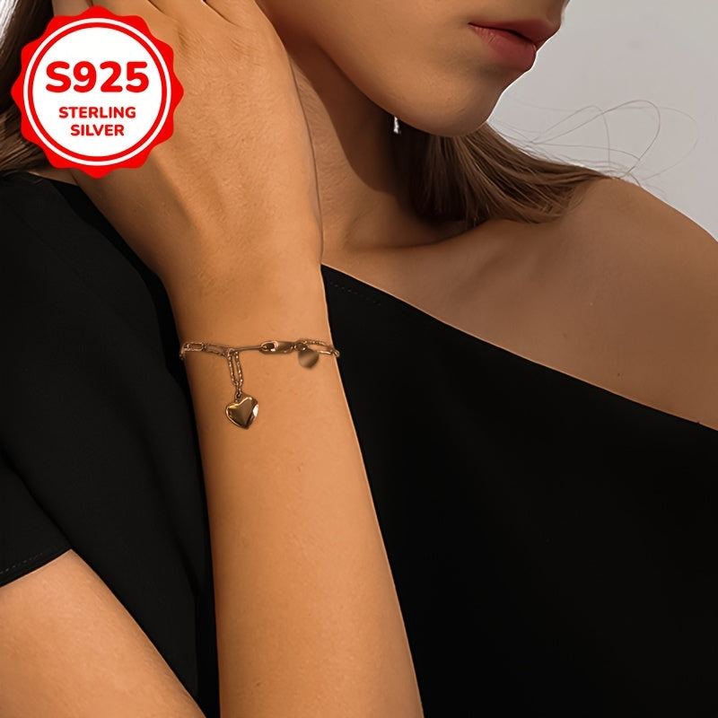 Silver Heart Pendant Rectangular Safety Pin Chain Bracelet for Women