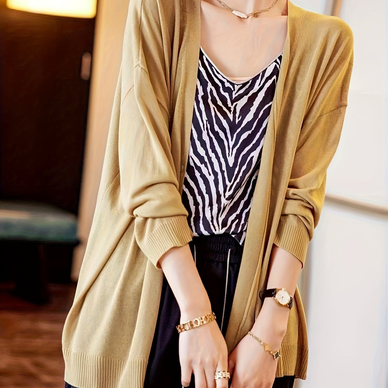 Plus Size Women's V-Neck Cardigan Lightweight Beige Open Front Sweater