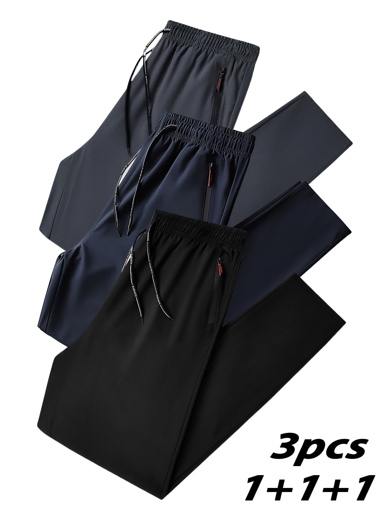 Men's Plus Size Casual Pants 3-Pack Polyester Solid Color Zipper Regular Fit